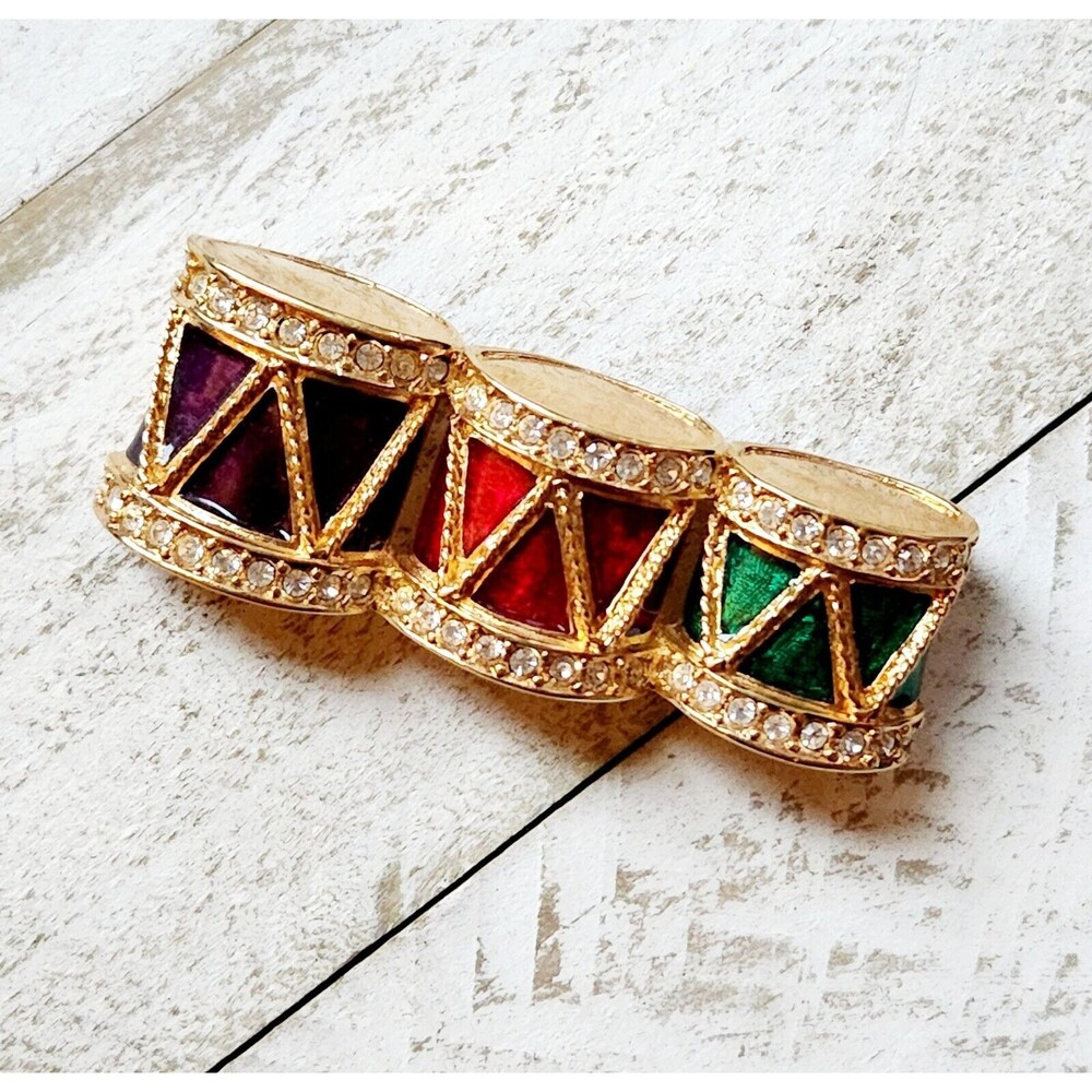 Swarovski Chrystal & Metal 3 Drum Christmas Brooch 2" Wide